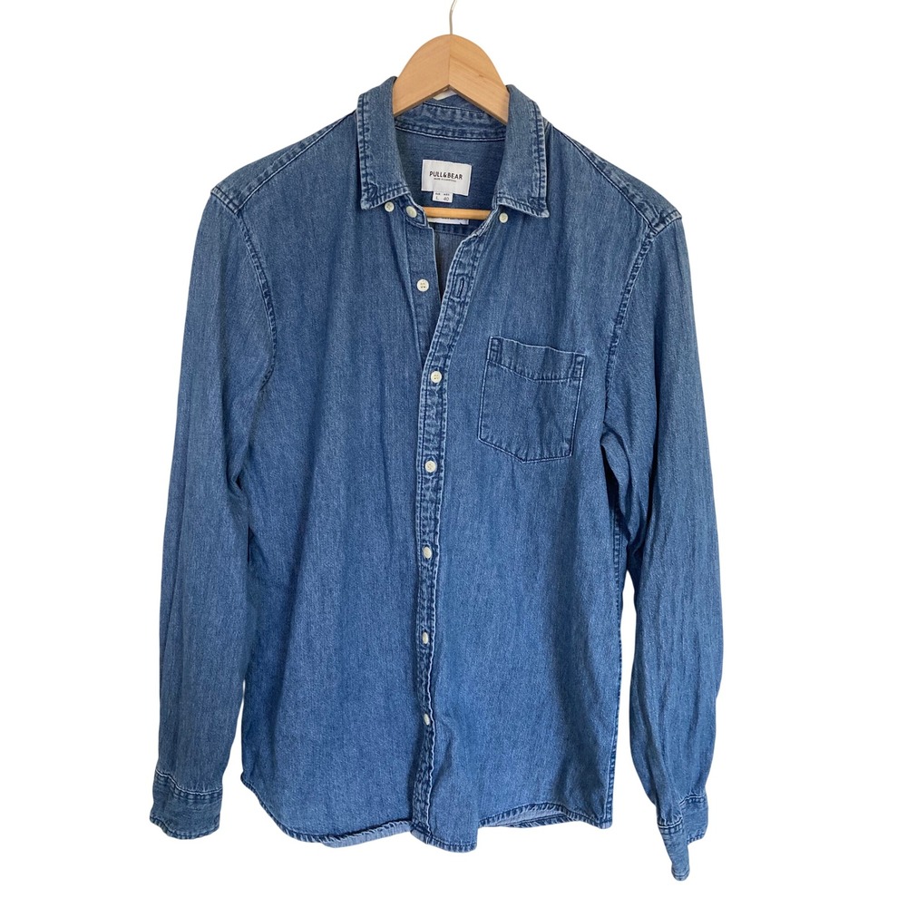 Pull&Bear Mens Denim Shirt Blue Cotton Long Sleeve Button Up Pocket Large